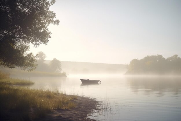 Serene Solitude A Lone Rowboat on a Misty Morning Lake