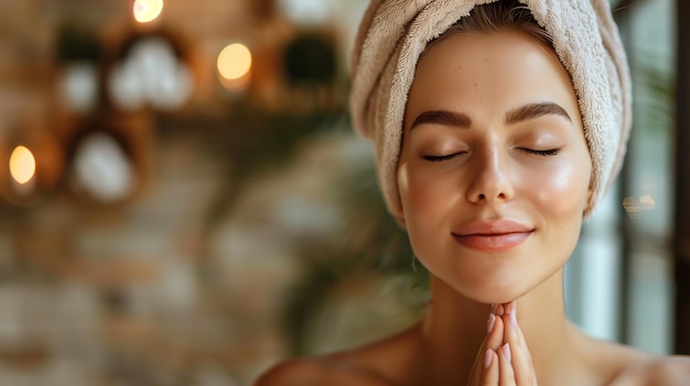 Photo serene spa moment a woman in a towel praying with hands together