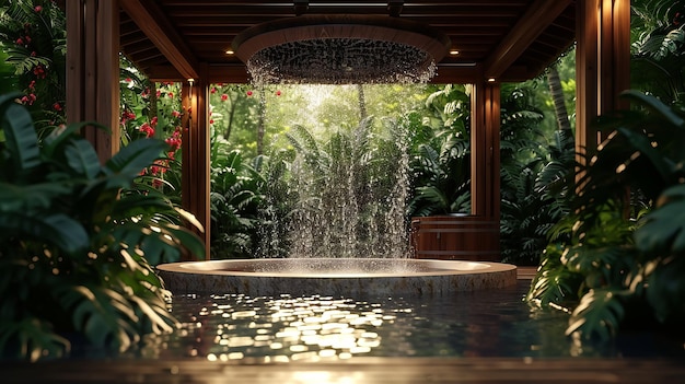 Photo serene spa retreat with natural shower and tropical plants