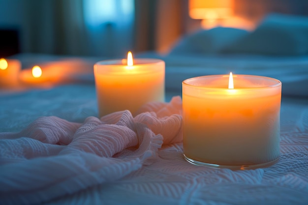 Serene Spa Setting with Glowing Candles and Soft Towels in Dim Ambient Light for Relaxation and