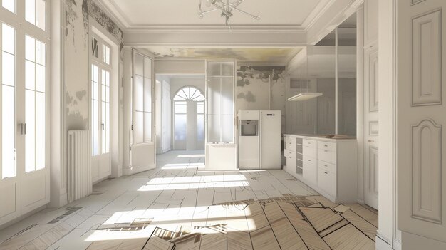 A serene space unfolds exuding a sense of calm and tranquility with its empty kitchen white walls an