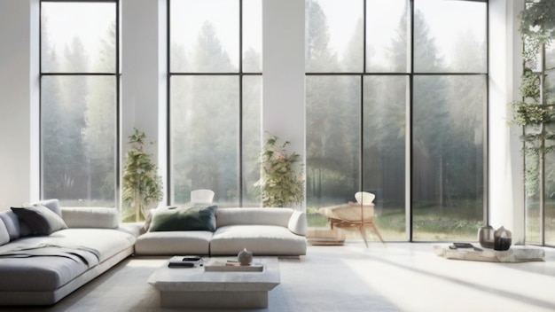 A serene and spacious living room with a minimalist design featuring large windows that flood