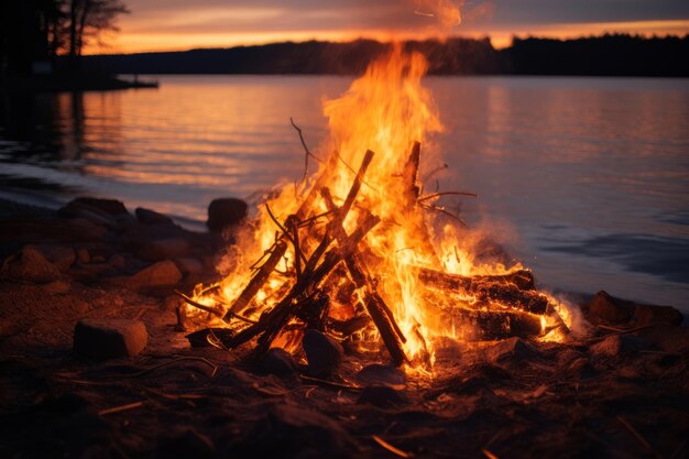 Serene Spectacle Sparkling Bonfire by the Waters Edge