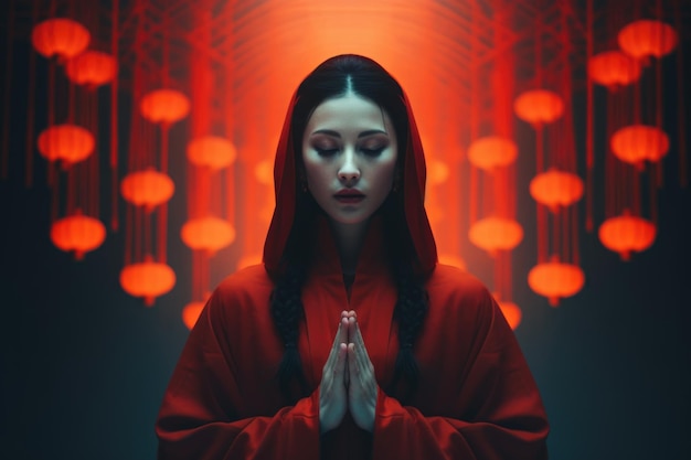 평화로운 영성 중국 여성은 기도와 명상을 통해 위로를 찾습니다. 평화로운 사원 벽 안에서 그녀의 정신 건강을 키우고 있습니다.