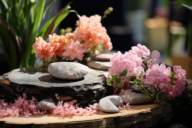 Serene stenen en bloemen Een rustige catwalk waar natuurlijke producten worden onthuld