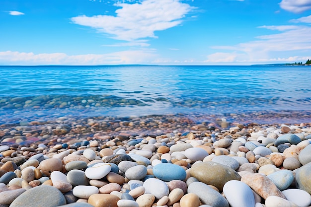 Serene Stone Beach with Pebblefilled Shores and Ocean Views Generative AI