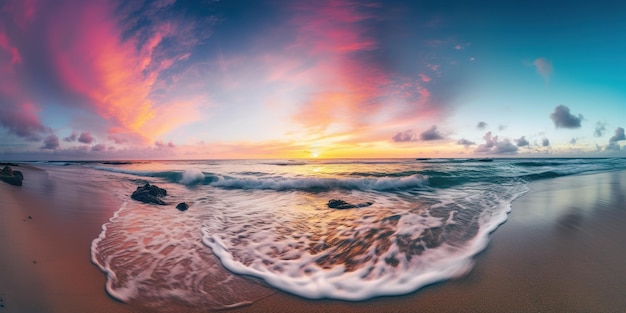 Serene strand bij zonsopgang met een veelkleurige lucht achter Paradijs tropisch strand bij zonsondergang zee golven en branding fijn zand