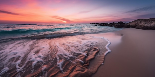 Serene strand bij zonsopgang met een veelkleurige lucht achter Paradijs tropisch strand bij zonsondergang zeegolven en branding fijn zand
