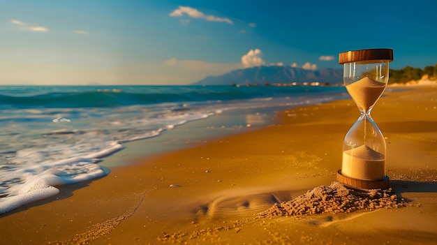 Foto serene strandlandschap met surrealistische zandklok die zich in de kust voegt
