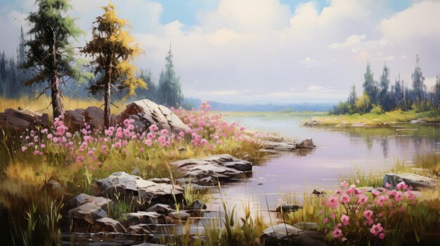 Serene stream painting with flowers in concept art style