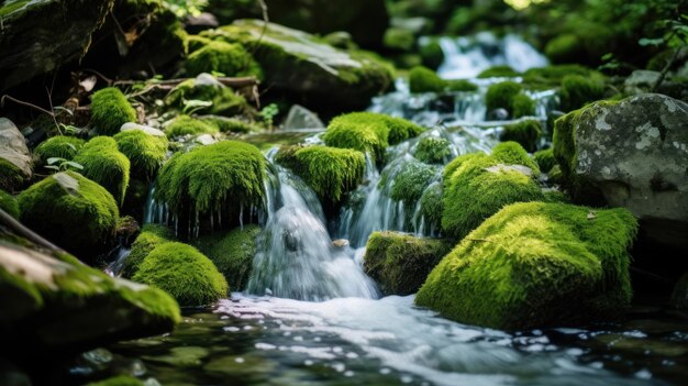 A serene stream of water cascading over rocks covered in lush green moss