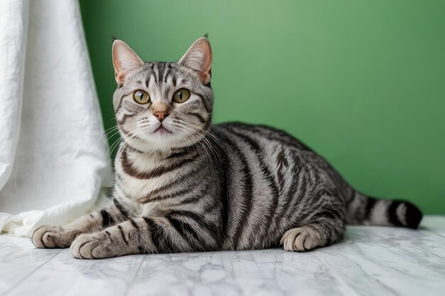 Serene Striped Cat on Green Background