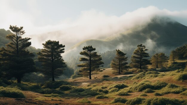 Serene struikgewaslandschap in de bergen met bomen en mist