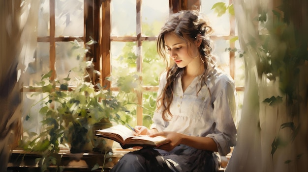 Serene Student Reading Book in Quiet Corner AI Generated