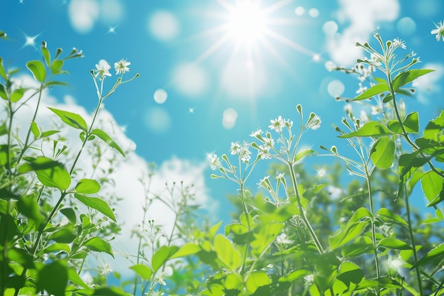 Serene summer background with blue skies greenery and sunshine Tranquil summer scene with clear blue skies lush greenery and bright sunshine