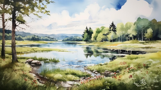 写真 やかな夏の日 ノルウェーの風景 水彩画