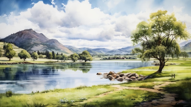 Photo serene summer day watercolor painting of a fjord park lake field and river