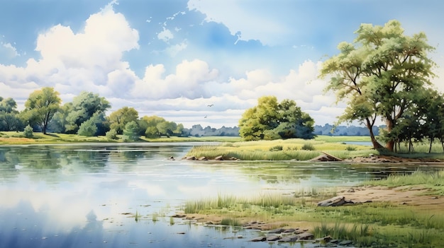 Serene Summer Day Waterverf Eiland schilderij met park meer veld en rivier