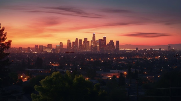 serene summer evening with a glowing sunset over a city skyline