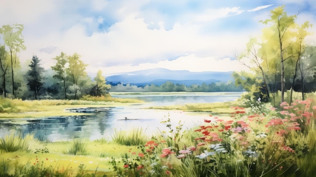 공원, 호수,, 강 이 있는 평온 한 여름 들판 그림