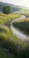 Photo a serene summer morning in the countryside with rolling hills blooming wildflowers and a peaceful stream running through it