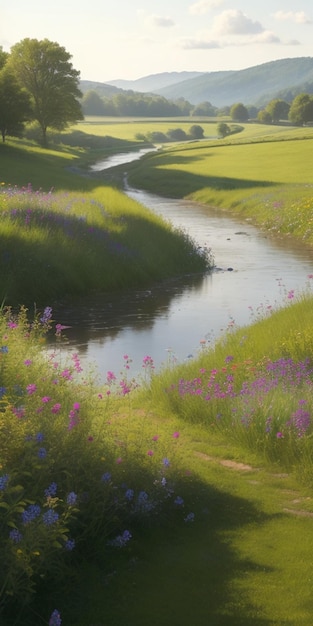 Photo a serene summer morning in the countryside with rolling hills blooming wildflowers and a peaceful stream running through it