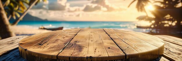 Serene Summer Seascape Een houten tafel op een achtergrond van oceaanblues die vreedzame vakantiegevoelens oproept