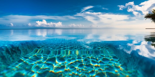 A serene sundrenched infinity pool in a private tropical island escape with azure and gold tones