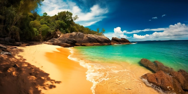 A serene sunkissed beach cove offering a calming paradiselike escape from the everyday