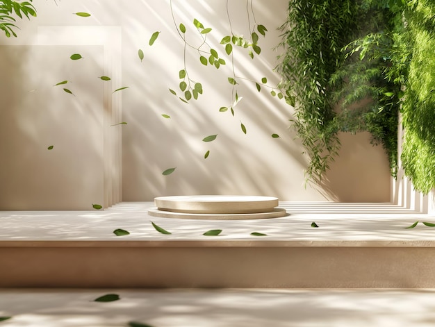 Serene Sunlit Space with Cascading Leaves and Elegant Tableware