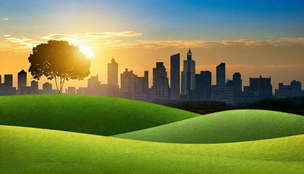Photo serene sunrise cityscape green grass and a lone tree
