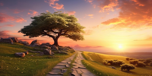 Serene Sunrise Landscape With A Path And Tree