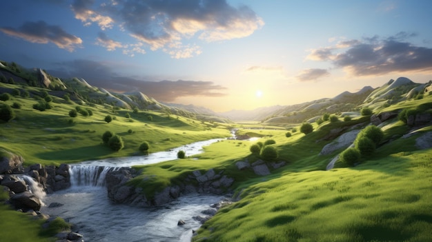 Serene Sunrise Landscape With Waterfall Rolling Hills And Green Wheat Fields
