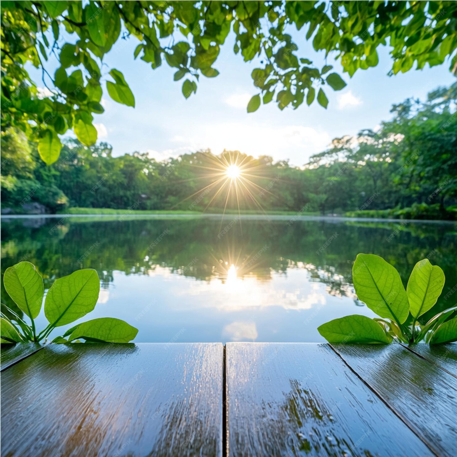 Serene sunrise meditation near a tranquil lake surrounded by lush