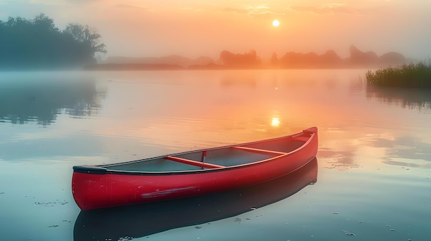 Serene sunrise over misty lake with red canoe peaceful morning scene tranquility in natures beauty perfect for wallpaper or background AI