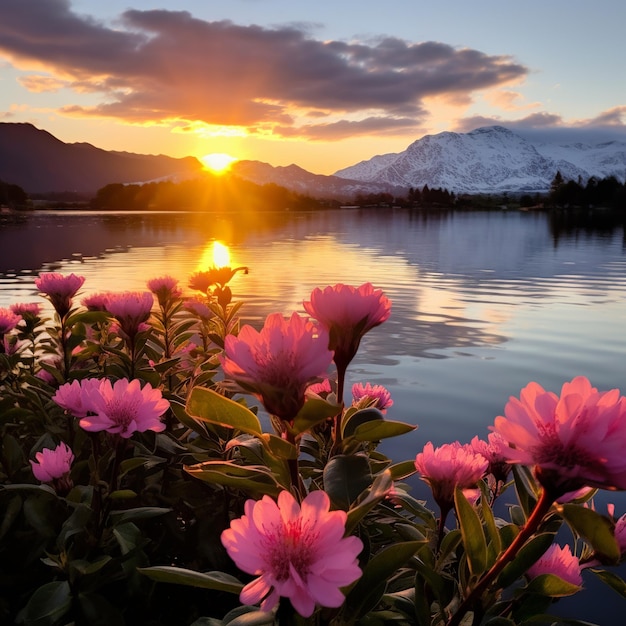 Foto serene sunrise mountains lago e fiori rosa