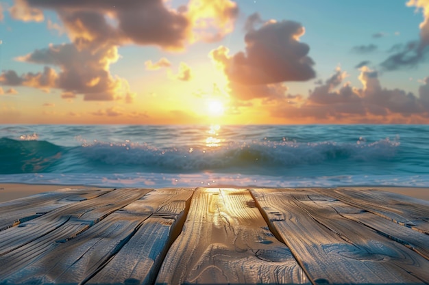 Serene Sunrise Over the Ocean Viewed from a Wooden Pier Deck Peaceful Morning Seascape with Golden