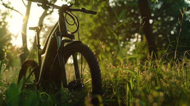 Serene sunrise scene with a bicycle in lush greenery