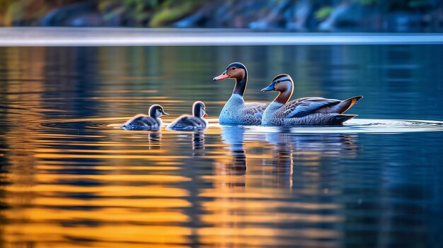 Serene Sunrise Swim of Duck Family