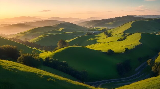 Photo serene sunrise over verdant lush green mountains nature's splendor in green hues