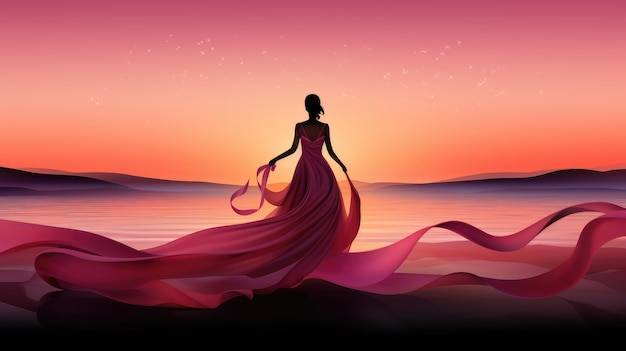 serene sunset background with a silhouette of a woman in a pink ribbonshaped dress