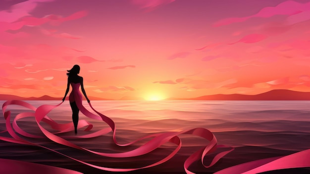 serene sunset background with a silhouette of a woman in a pink ribbonshaped dress