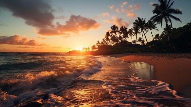 Serene sunset at the beach golden hour lighting soft waves gently rolling onto the shore palm trees silhouetted