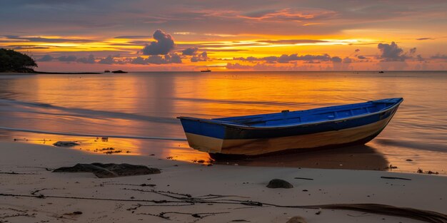 Serene sunset beach scene with a solitary boat