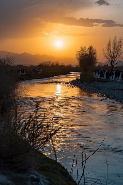 a serene sunset by a river during Nowruz