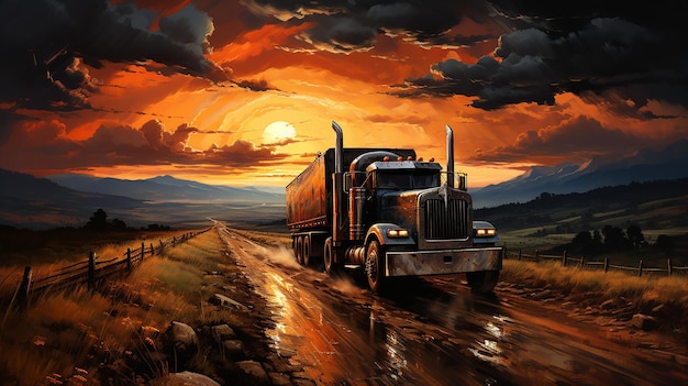 Serene Sunset Country Road and Truck in Warm Hues