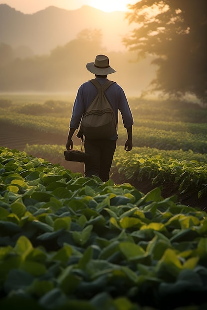 Foto sereno tramonto su fertili campi agricoli con un fienile rustico