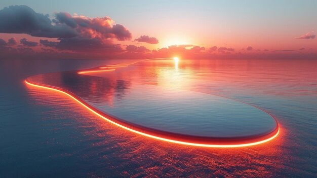 Serene Sunset Horizon with Glowing Red Path on Water