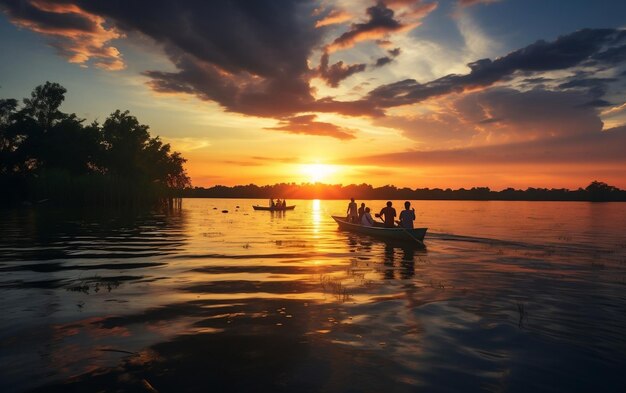 穏やかな夕日の湖のボートシーン 生成 AI