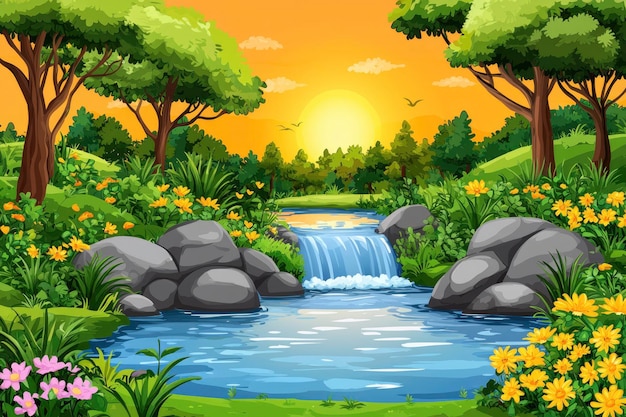 Serene Sunset Over a Lush Forest Stream with a Cascading Waterfall